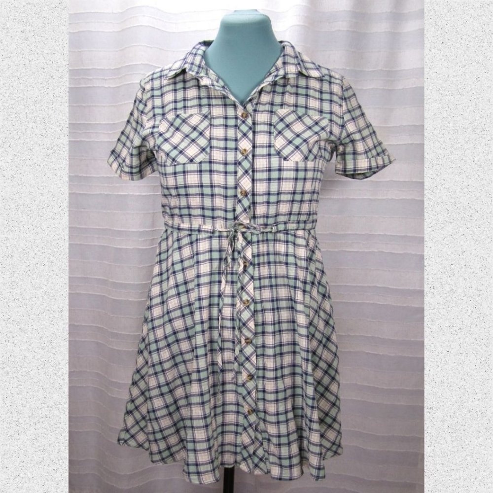 She + Sky Mint Green and Navy Blue Plaid Shirtdress - L - Picture 1 of 7